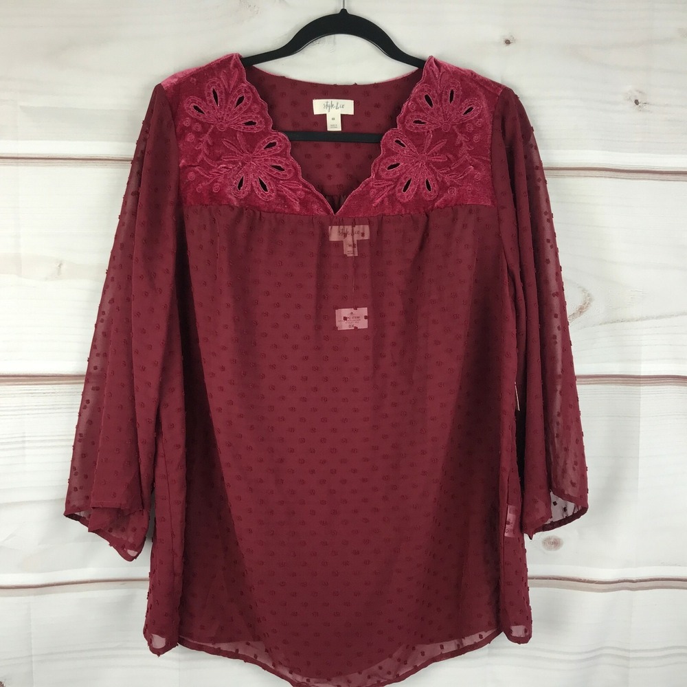 Style&Co. Top Womens 0X Red Swiss Dot Blouse V-Neck 3/4 Sleeve Velvet Trim Solid